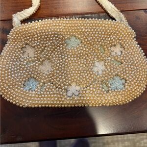Elegant Pearl-Embellished Tan Clutch